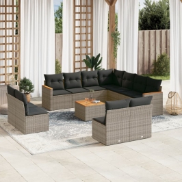 Set de sofás de jardín 12 pzas con cojines ratán sintético gris