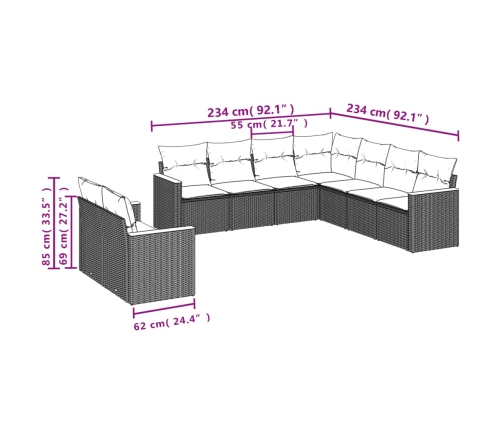 Set de muebles de jardín 9 pzas y cojines ratán sintético gris