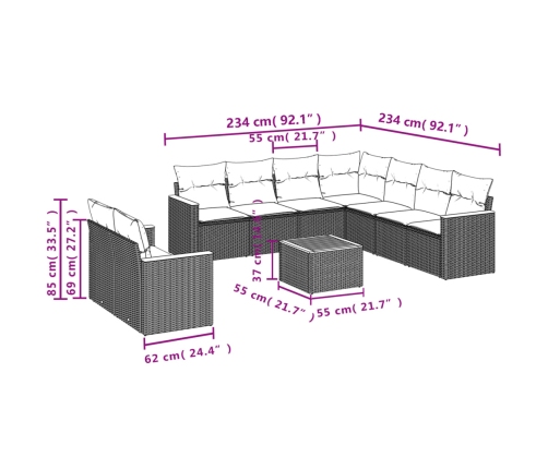 Set de sofás de jardín 10 pzas cojines ratán sintético negro