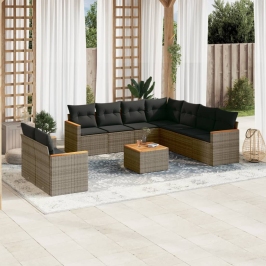 Set de sofás de jardín 10 pzas con cojines ratán sintético gris