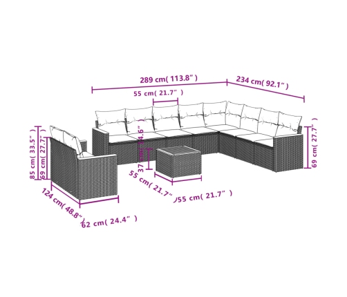 Set de sofás de jardín 11 pzas y cojines ratán sintético gris