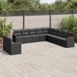 Set de sofás de jardín 11 pzas y cojines ratán sintético negro