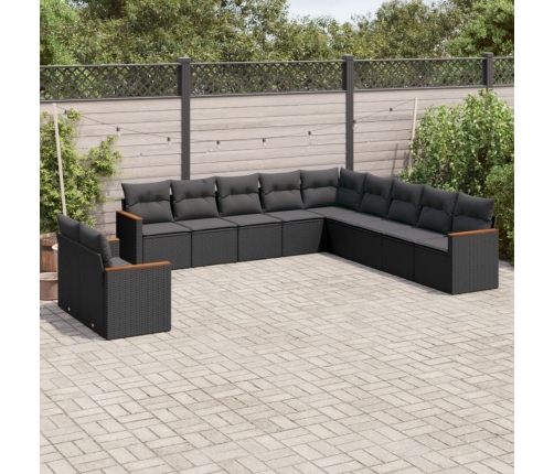 Set de sofás de jardín 11 pzas y cojines ratán sintético negro