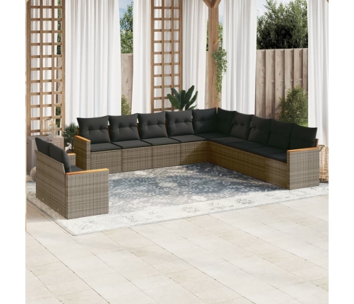 Set de sofás de jardín 11 pzas y cojines ratán sintético gris