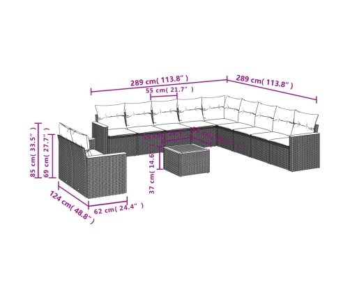 Set de sofás de jardín 12 pzas y cojines ratán sintético marrón