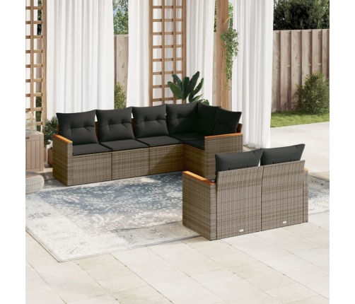 Set de sofás de jardín 7 piezas con cojines ratán PE gris