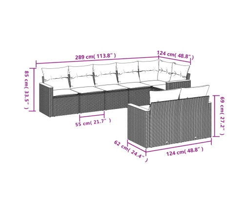 Set de sofás de jardín 8 pzas y cojines ratán sintético gris