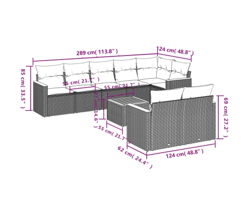 Set de sofás de jardín 9 pzas con cojines ratán sintético beige
