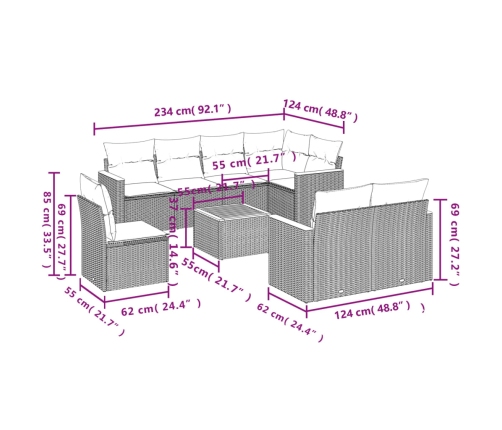 Set de sofás de jardín 9 pzas con cojines ratán sintético beige