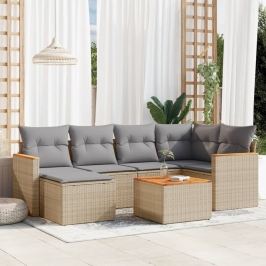 Set sofás de jardín 7 piezas y cojines ratán sintético beige