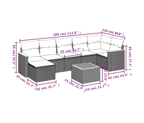 Set de sofás de jardín 8 piezas y cojines ratán sintético negro