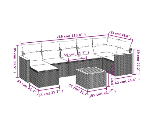 Set de sofás de jardín 8 pzas y cojines ratán sintético gris