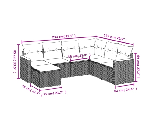 Set de comedor de jardín 7 pzas y cojines ratán sintético negro