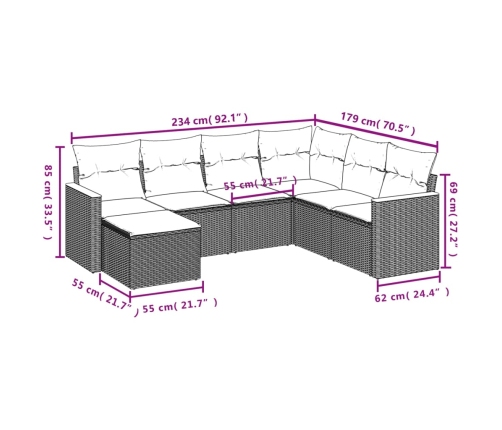 Set de sofás de jardín 7 piezas con cojines ratán PE gris