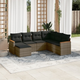 Set de sofás de jardín 7 piezas con cojines ratán PE gris