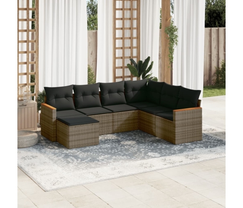 Set de sofás de jardín 7 piezas con cojines ratán PE gris