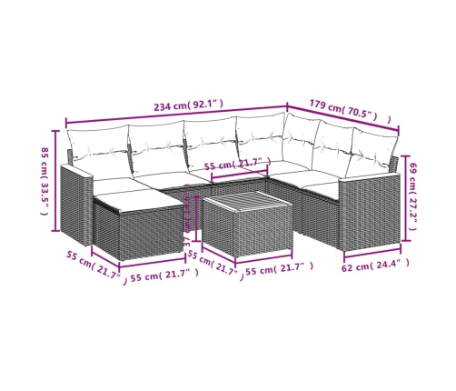 Set de sofás de jardín 8 pzas y cojines ratán sintético gris