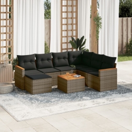 Set de sofás de jardín 8 pzas y cojines ratán sintético gris