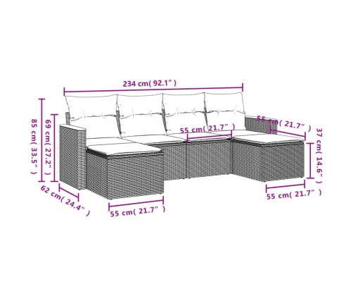 Set de muebles de jardín 6 pzas y cojines ratán sintético gris