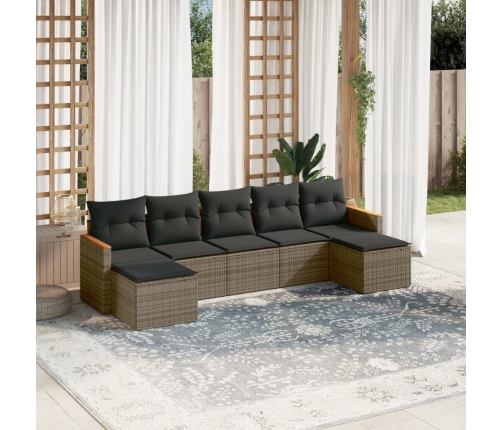 Set de sofás de jardín 7 piezas con cojines ratán PE gris