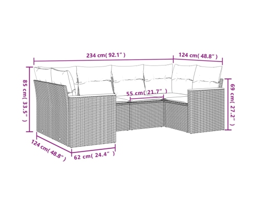 Set de muebles de jardín 6 pzas y cojines ratán sintético gris