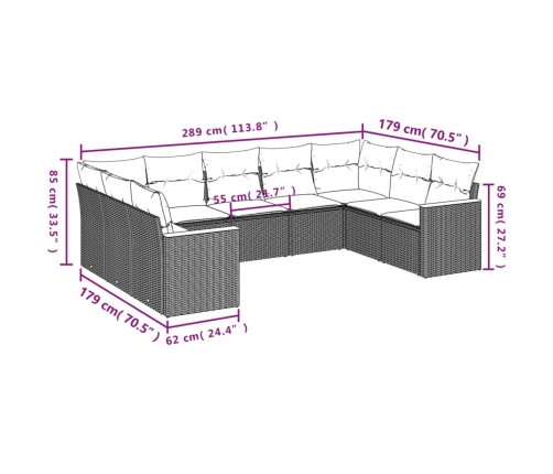 Set de sofás de jardín 9 pzas con cojines ratán sintético beige
