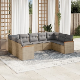 Set de sofás de jardín 9 pzas con cojines ratán sintético beige