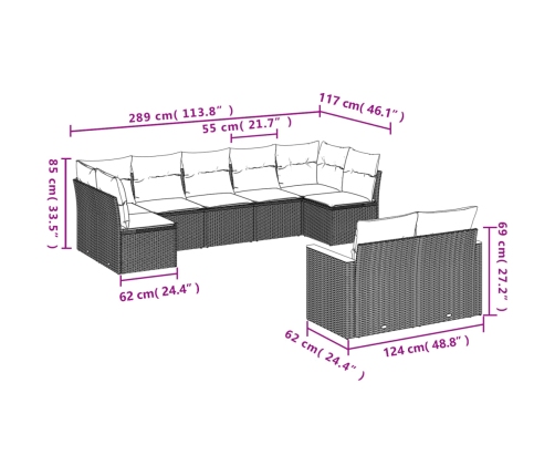 Set de sofás de jardín 8 piezas y cojines ratán sintético negro