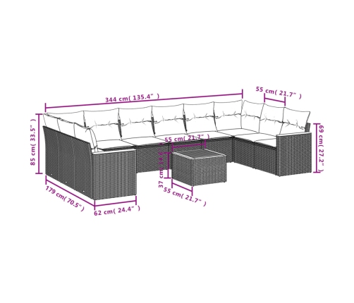 Set de sofás de jardín 11 pzas y cojines ratán sintético negro