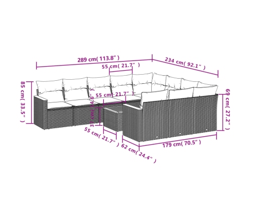 Set de sofás de jardín 11pzas con cojines ratán sintético beige