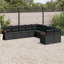 Set de sofás de jardín 10 pzas cojines ratán sintético negro