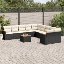 Set de sofás de jardín 11 pzas y cojines ratán sintético negro