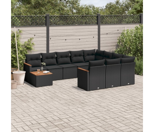 Set de sofás de jardín 11 pzas y cojines ratán sintético negro
