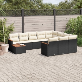 Set de sofás de jardín 11 pzas y cojines ratán sintético negro