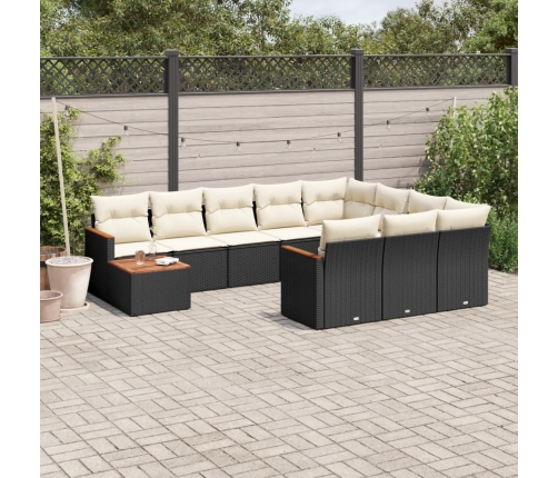 Set de sofás de jardín 11 pzas y cojines ratán sintético negro