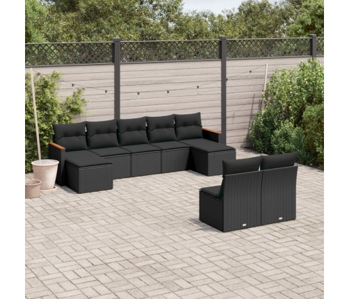 Set de sofás de jardín 8 piezas y cojines ratán sintético negro