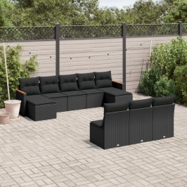 Set de sofás de jardín 10 pzas cojines ratán sintético negro
