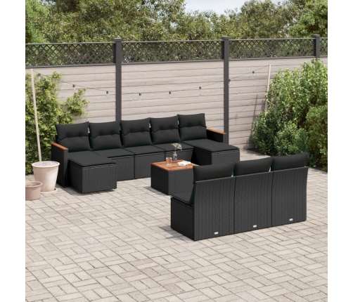 Set de sofás de jardín 11 pzas y cojines ratán sintético negro