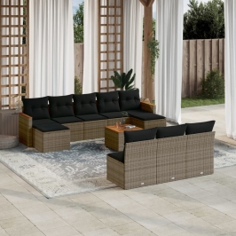 Set de sofás de jardín 11 pzas y cojines ratán sintético gris