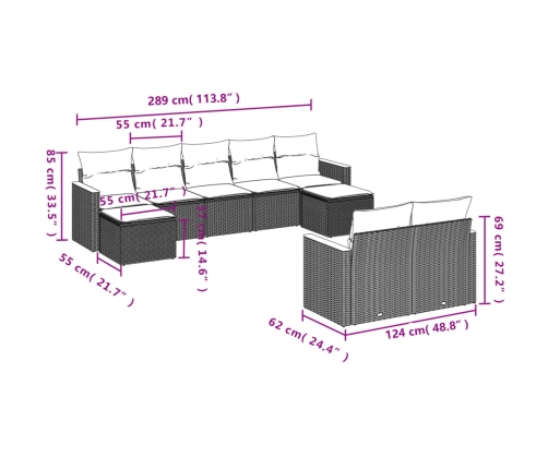 Set de sofás de jardín 9 pzas con cojines ratán sintético beige