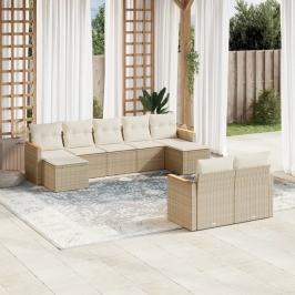 Set de sofás de jardín 9 pzas con cojines ratán sintético beige