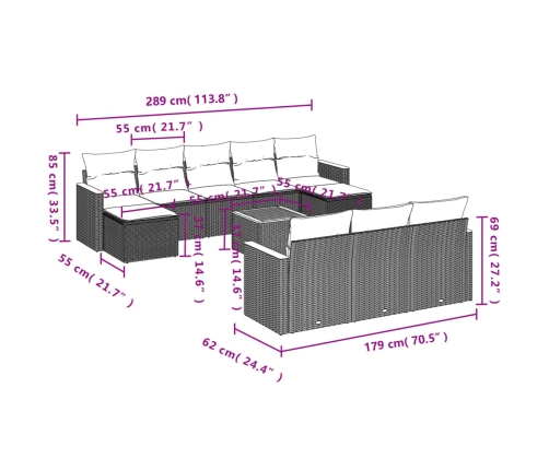 Set de sofás de jardín 11 pzas y cojines ratán sintético negro