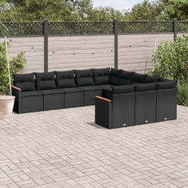 Set de sofás de jardín 11 pzas y cojines ratán sintético negro