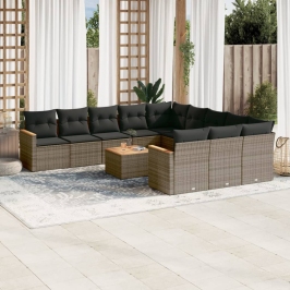 Set de sofás de jardín 12 pzas con cojines ratán sintético gris