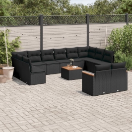 Set de sofás de jardín y cojines 13 pzas ratán sintético negro