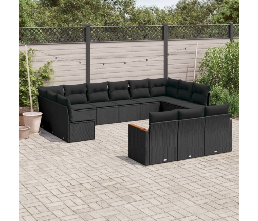 Set de sofás de jardín y cojines 13 pzas ratán sintético negro