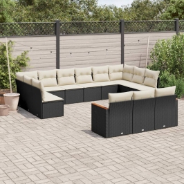 Set de sofás de jardín y cojines 13 pzas ratán sintético negro