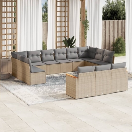 Set sofás de jardín con cojines 13 pzas ratán sintético beige