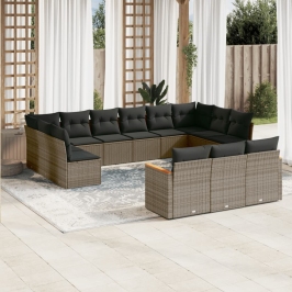 Set sofás de jardín con cojines 13 piezas ratán sintético gris