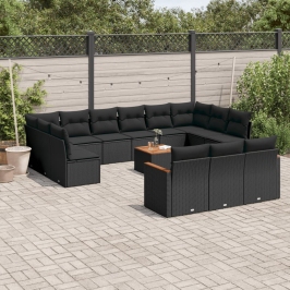 Set sofás de jardín 14 pzas con cojines ratán sintético negro